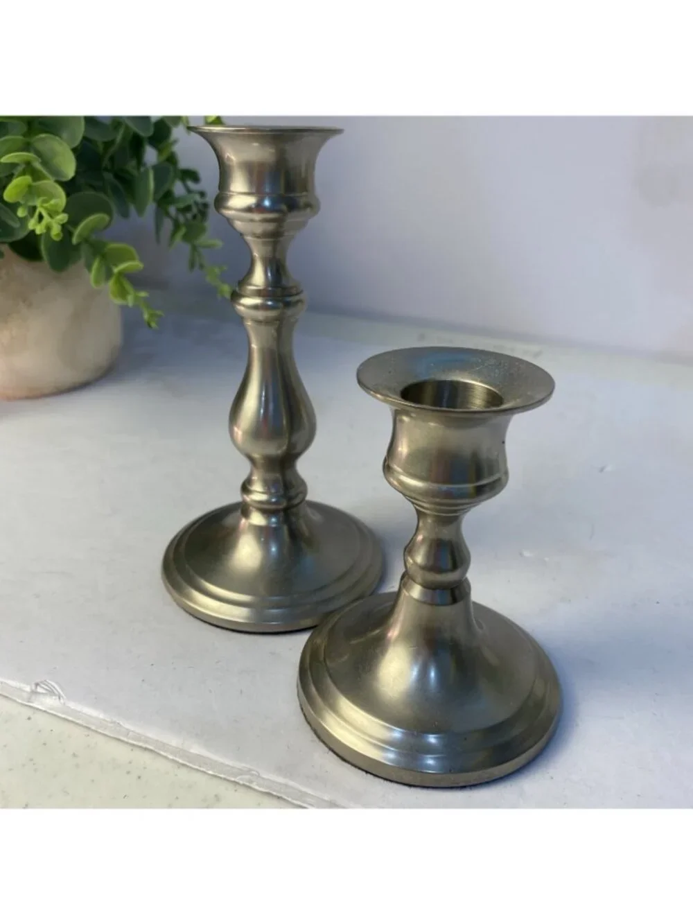 Vintage Weighted Pewter Candlestick Mixed Height Candle Holders Set of 2